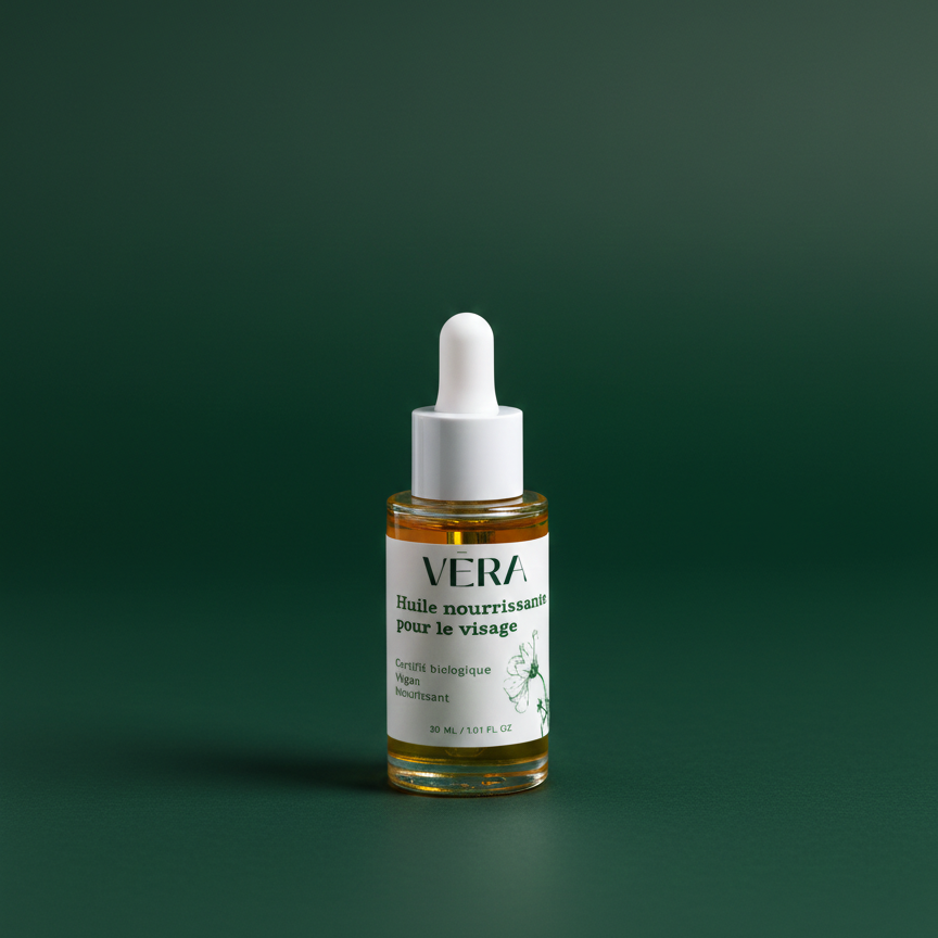 Flacon compte-gouttes VERA Huile nourrissante pour le visage sur fond vert dégradé.