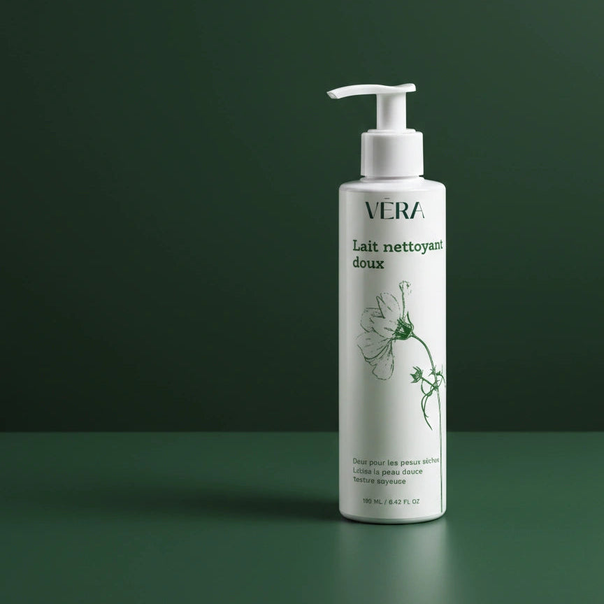 Flacon pompe VERA Lait nettoyant doux 190 ml sur fond vert dégradé.