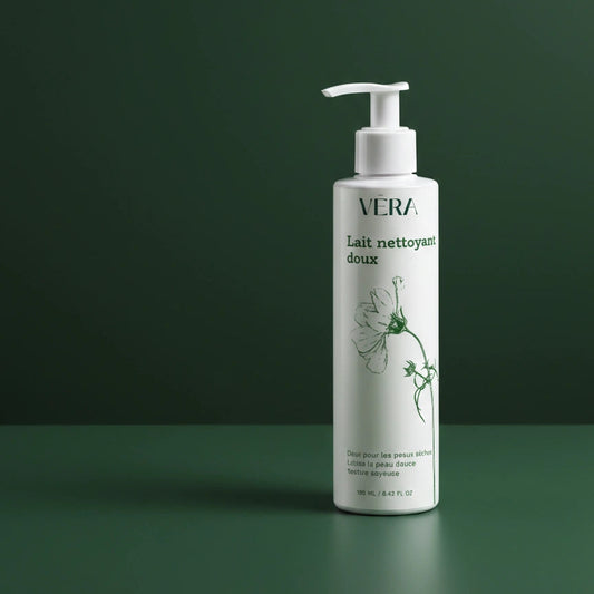 Flacon pompe VERA Lait nettoyant doux 190 ml sur fond vert dégradé.
