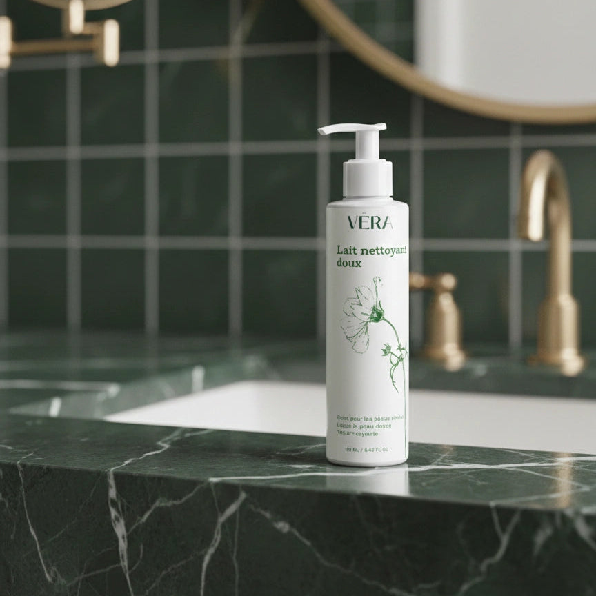 Flacon VERA Lait nettoyant doux 190 ml posé sur un plan en marbre vert dans une salle de bain avec miroir et robinet doré en arrière-plan.