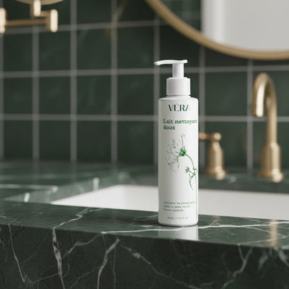 Flacon VERA Lait nettoyant doux 190 ml posé sur un plan en marbre vert dans une salle de bain avec miroir et robinet doré en arrière-plan.