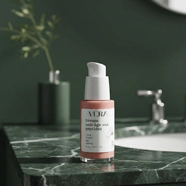 Sérum anti-âge aux peptides VERA posé sur un plan vasque en marbre dans une salle de bain.