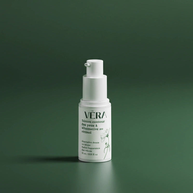 Packshot du sérum contour des yeux VERA, alternative au rétinol, en flacon pompe sur fond vert.