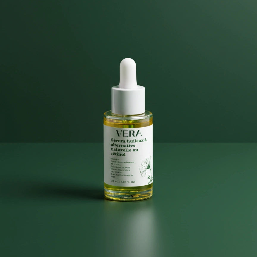 Flacon VERA sérum huileux à alternative naturelle au rétinol 30 ml sur fond vert dégradé.