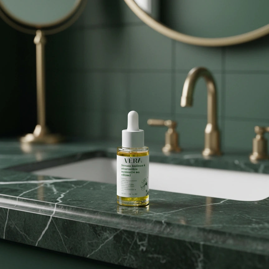 Flacon compte-gouttes VERA sérum huileux à alternative naturelle au rétinol 30 ml posé sur un plan en marbre vert dans une salle de bain avec miroir et robinet doré.