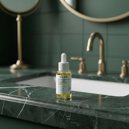 Flacon compte-gouttes VERA sérum huileux à alternative naturelle au rétinol 30 ml posé sur un plan en marbre vert dans une salle de bain avec miroir et robinet doré.