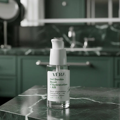 Gel VERA Double Boost d’Hydratation + AH posé sur un plan en marbre vert dans une salle de bain, avec décor flou en arrière-plan.