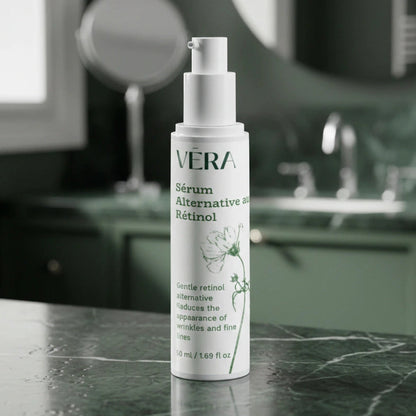 Sérum VERA Alternative au Rétinol sur un plan en marbre vert dans une salle de bain, avec miroir et robinet flous en arrière-plan.
