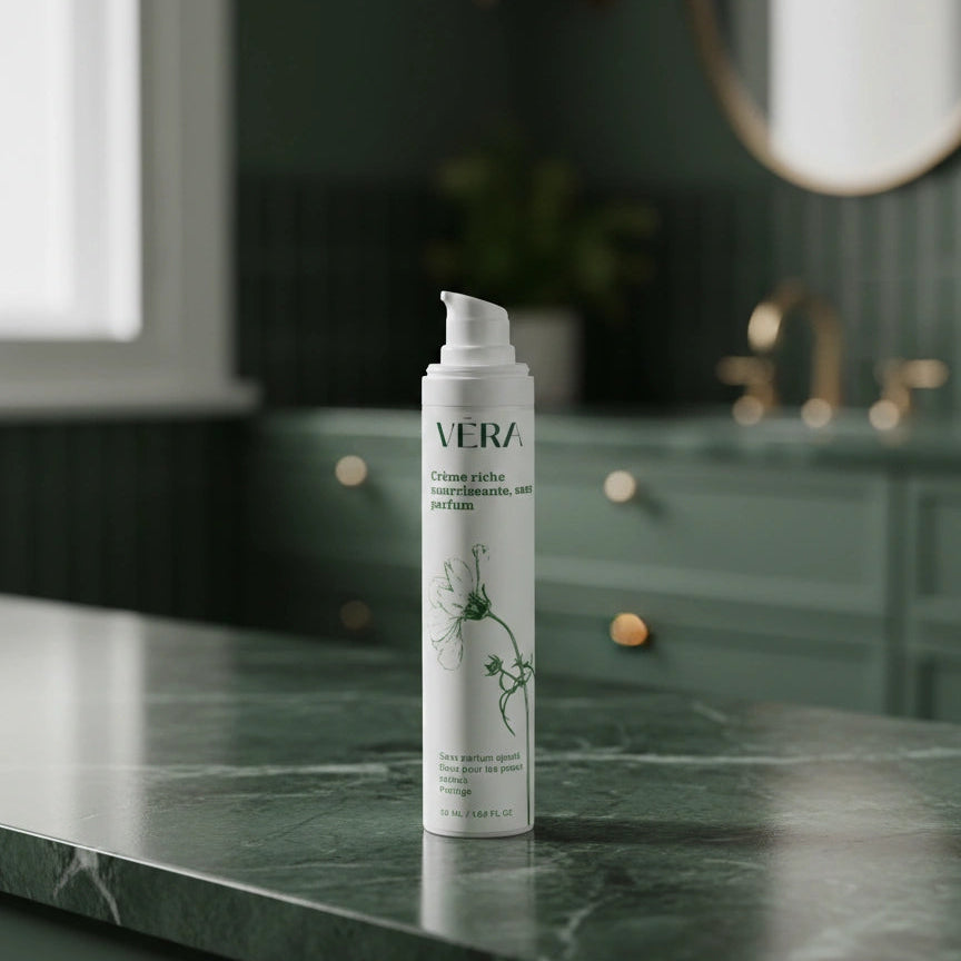 Crème riche nourrissante VERA sans parfum posée sur un plan en marbre vert dans une salle de bain, avec miroir et robinet flous en arrière-plan.