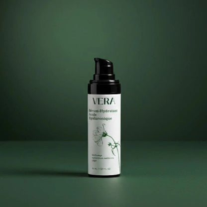 Flacon pompe du sérum hydratant VERA à l’acide hyaluronique sur fond vert mat.