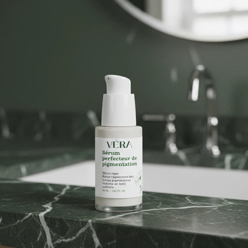Sérum VERA Perfecteur de pigmentation posé sur un plan en marbre vert dans une salle de bain, avec miroir et robinet flous en arrière-plan.
