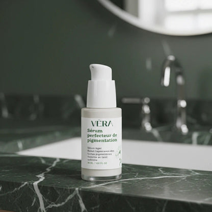 Sérum VERA Perfecteur de pigmentation posé sur un plan en marbre vert dans une salle de bain, avec miroir et robinet flous en arrière-plan.