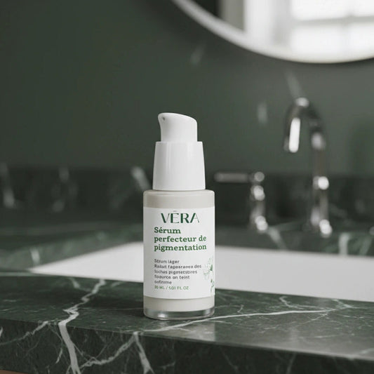 Sérum VERA Perfecteur de pigmentation posé sur un plan en marbre vert dans une salle de bain, avec miroir et robinet flous en arrière-plan.